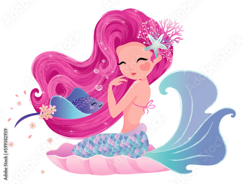 Pretty Mermaid with her sweet friend, vector illustration.