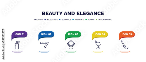 set of beauty and elegance thin line icons. beauty and elegance outline icons with infographic template. linear icons such as hair spray, bobby pins, makeup mirror, beauty salon chair, curlers