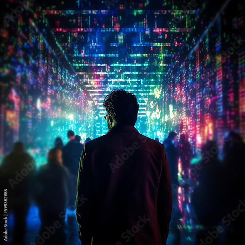 Back view of businessman looking at abstract binary code on background