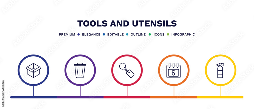 set of tools and utensils thin line icons. tools and utensils outline icons with infographic template. linear icons such as open black box, recycling bin, key ring, calendar with six days, flame