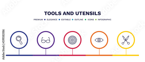 set of tools and utensils thin line icons. tools and utensils outline icons with infographic template. linear icons such as magnifier, reading glasses, target circles, optical, shear vector.
