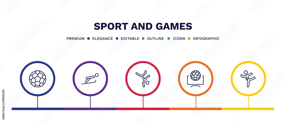 Fototapeta premium set of sport and games thin line icons. sport and games outline icons with infographic template. linear icons such as football ball, jumping ski, breakdance, football channel, taekwondo vector.