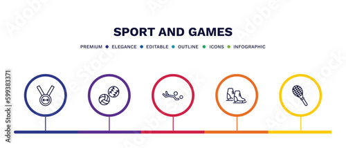 set of sport and games thin line icons. sport and games outline icons with infographic template. linear icons such as weight lifting medal, balls, volleyball motion, ice skates, squash vector.