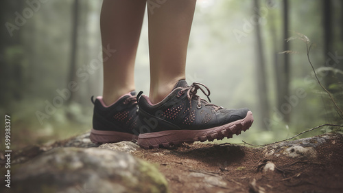 female runner wearing hiking boots in the forest. Generative Ai