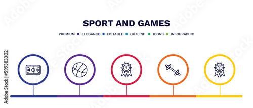 set of sport and games thin line icons. sport and games outline icons with infographic template. linear icons such as basketball court, basketball basket, golden medal, weighted bars, second prize