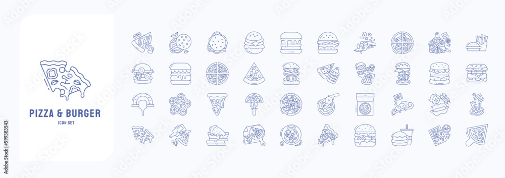 A collection sheet of outline icons for Pizza and Burger, including icons like Pizza, fries, burger, Monos and more