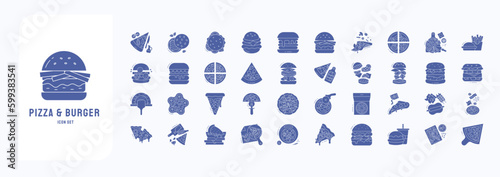 A collection sheet of solid icons for Pizza and Burger, including icons like Pizza, fries, burger, Monos and more