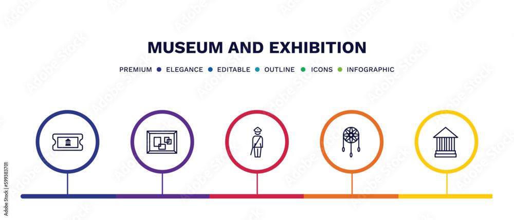set of museum and exhibition thin line icons. museum and exhibition outline icons with infographic template. linear icons such as museum ticket, pop art, security guard, dreamcatcher, modern art
