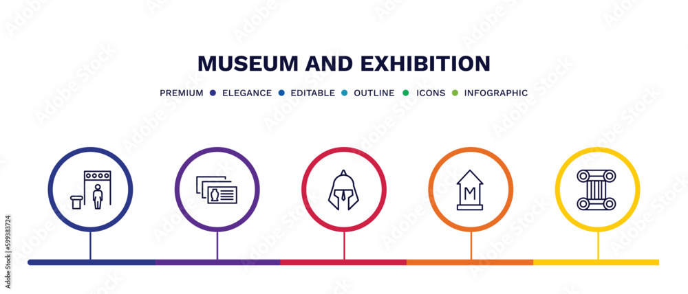 set of museum and exhibition thin line icons. museum and exhibition outline icons with infographic template. linear icons such as metal detector, postcards, roman or greek helmet, , antique column