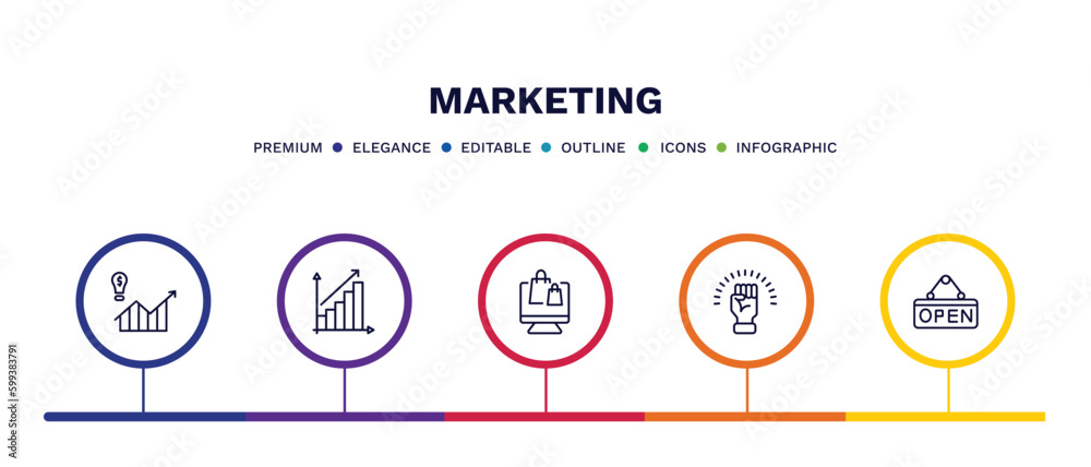 set of marketing thin line icons. marketing outline icons with infographic template. linear icons such as demand, yield, online store, motivation, open vector.