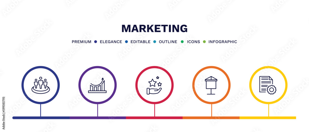 set of marketing thin line icons. marketing outline icons with infographic template. linear icons such as affiliate, performance, benefits, banner, content management vector.