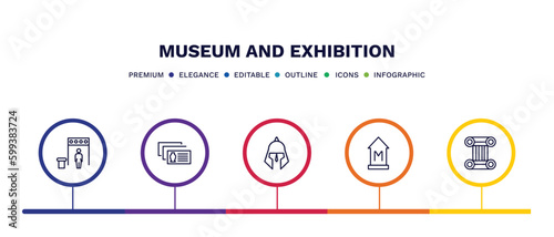 set of museum and exhibition thin line icons. museum and exhibition outline icons with infographic template. linear icons such as metal detector, postcards, roman or greek helmet, , antique column