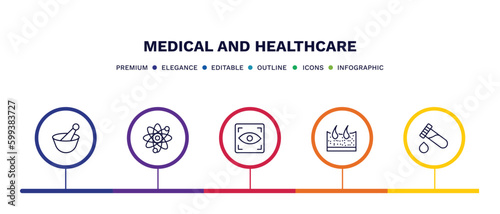 set of medical and healthcare thin line icons. medical and healthcare outline icons with infographic template. linear icons such as medicines bowl, atomic structure, eye scanner medical, dermis,