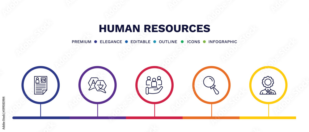 set of human resources thin line icons. human resources outline icons with infographic template. linear icons such as curriculum vitae, language, human resources, searching, administrator vector.