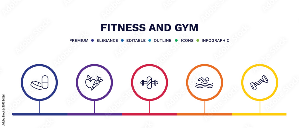 set of fitness and gym thin line icons. fitness and gym outline icons with infographic template. linear icons such as pill and tablet, carrot gymnastic roller, man swimming, resistance vector.