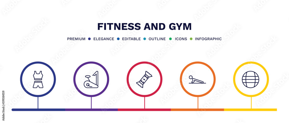 set of fitness and gym thin line icons. fitness and gym outline icons with infographic template. linear icons such as female sportwear, exercise bike, energy snack, push up, power ball vector.