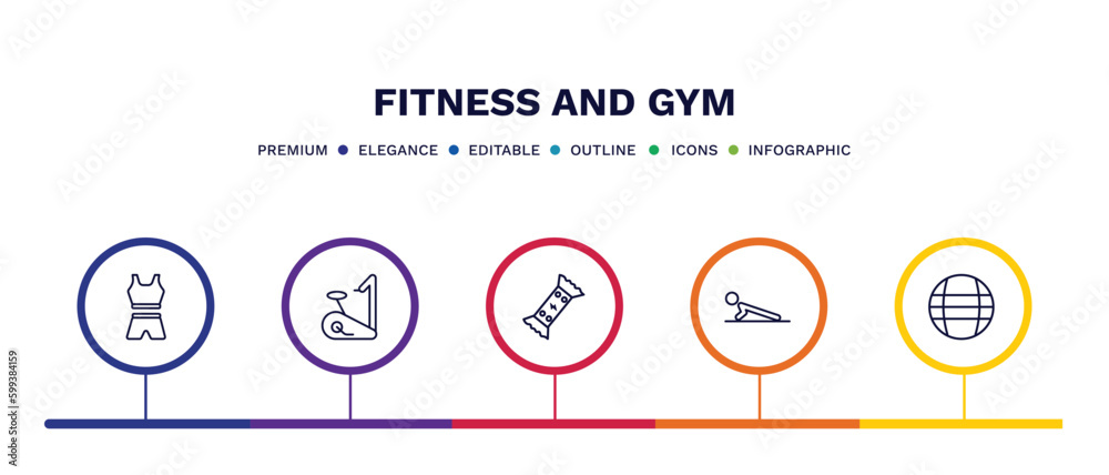 Fototapeta premium set of fitness and gym thin line icons. fitness and gym outline icons with infographic template. linear icons such as female sportwear, exercise bike, energy snack, push up, power ball vector.