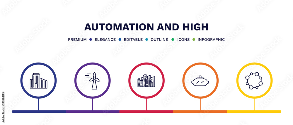 Fototapeta premium set of automation and high thin line icons. automation and high outline icons with infographic template. linear icons such as building, eolic energy, cityscape, vr glasses, nanotechnology vector.