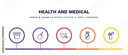 set of health and medical thin line icons. health and medical outline icons with infographic template. linear icons such as urine, enema, antibiotics, proteins, breast pump vector.