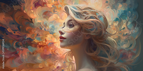 Gesicht einer schönen Frau im Blumenmeer mit fliegenden Haar Nahaufnahme, ai generativ