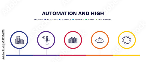 set of automation and high thin line icons. automation and high outline icons with infographic template. linear icons such as building, eolic energy, cityscape, vr glasses, nanotechnology vector.