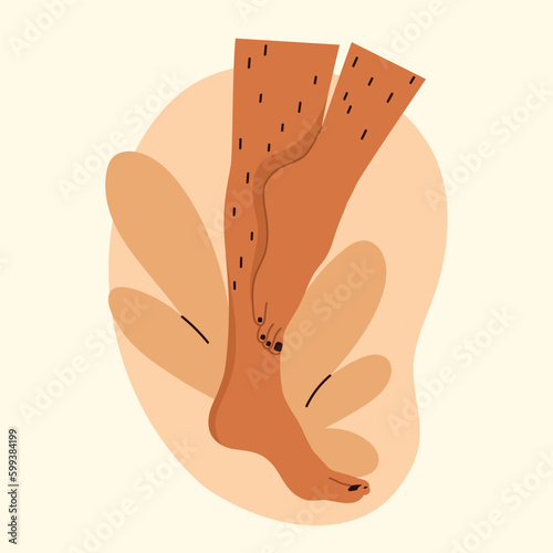Unshaved hairy female legs with leaves. Body positive, normalize female body hair, skin care. Vector illustration in cartoon style. Isolated white background.