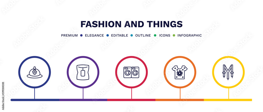 set of fashion and things thin line icons. fashion and things outline icons with infographic template. linear icons such as firefighter hat, neck gaiter, laundry zone, t shirt with flowers,