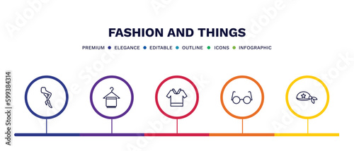 set of fashion and things thin line icons. fashion and things outline icons with infographic template. linear icons such as tights, cloth towel, safety shirt, eyewear, pirate scarf vector.