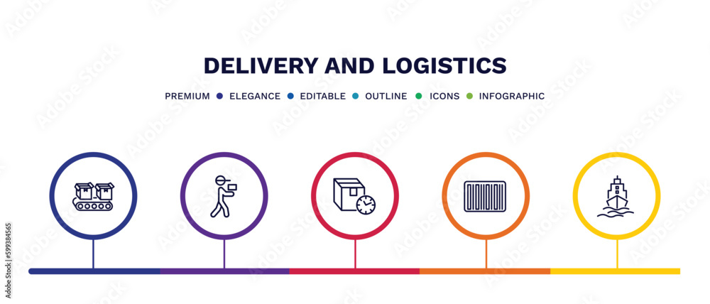 set of delivery and logistics thin line icons. delivery and logistics outline icons with infographic template. linear icons such as conveyor, courier, delivery delay, bar code, ship by sea vector.