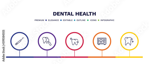set of dental health thin line icons. dental health outline icons with infographic template. linear icons such as periodontal scaler, check up, healthy tooth, radiograph, tooth whitening vector.