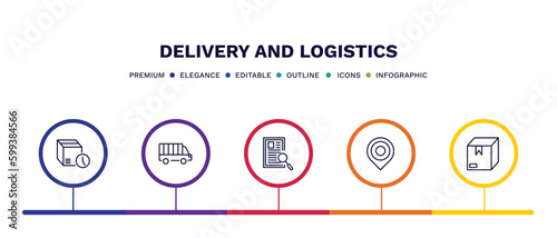 set of delivery and logistics thin line icons. delivery and logistics outline icons with infographic template. linear icons such as delivery time, cargo bus, waybill, arrival, package vector.