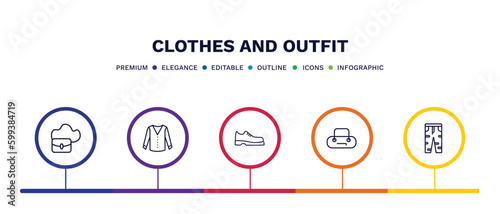 set of clothes and outfit thin line icons. clothes and outfit outline icons with infographic template. linear icons such as hobo bag, cotton cardigan, leather derby shoe, barrel handbag, boyfriend