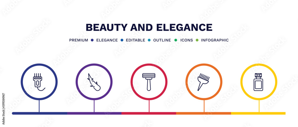 set of beauty and elegance thin line icons. beauty and elegance outline icons with infographic template. linear icons such as hair clipper, aloe vera, disposable razor, tint brush, french perfume
