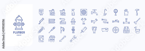 A collection sheet of outline icons for Plumber, including icons like Boiler, Cleaner, Faucet, Drainage and more