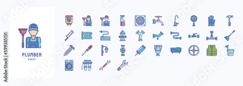 A collection sheet of linear color icons for Plumber, including icons like Boiler, Cleaner, Faucet, Drainage and more
