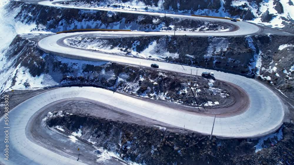 Famous Winding Road At Andes Mountains Santiago Chile. Road Freeway. Mountains Andes Farellones Portillo. Mountains Exterior Farellones Andes Skyline. Mountains Portillo Background Mountain.
