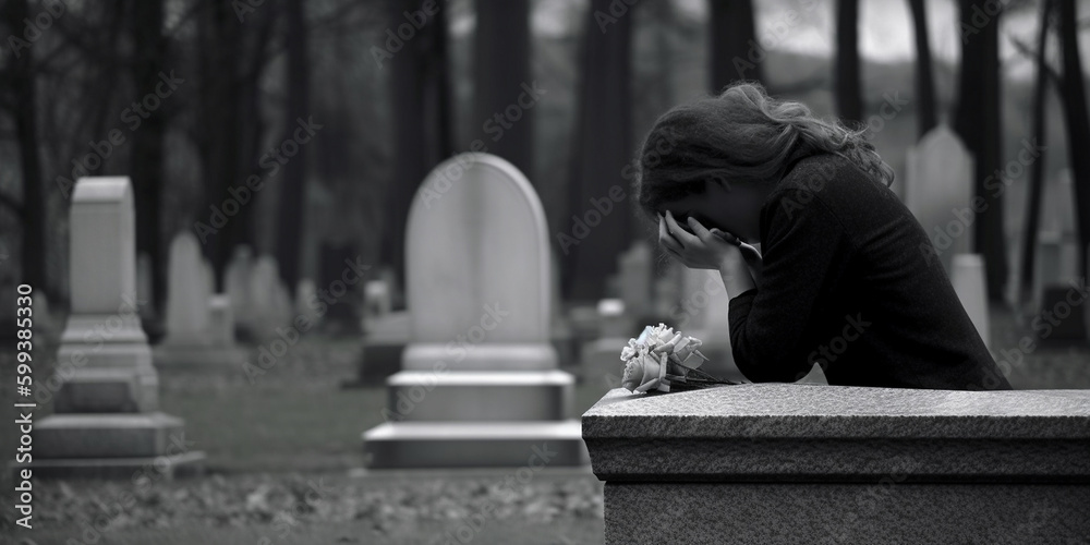 Fototapeta premium Frau trauert und deprimiert am Friedhof, ai generativ