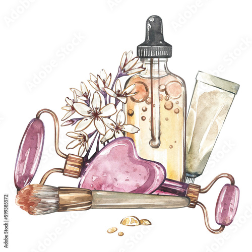 Massager gua sha, oil skin care, brush, flowers isolated on white. Watercolor hand drawing illustration. Art for design