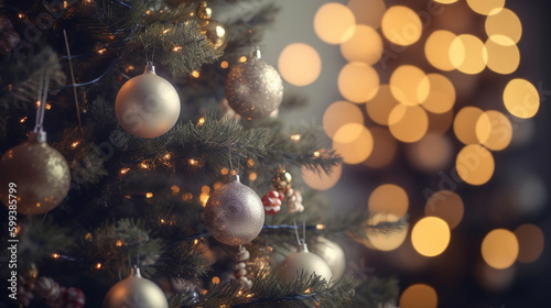 Decorated christmas tree with bokeh background. Generative Ai