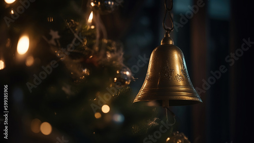 bell is hanging on the christmas tree. Generative Ai
