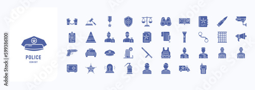 A collection sheet of solid icons for Police and Law, including icons like Arrest, Auction, Bullet, Binoculars and more