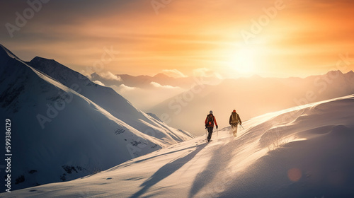 people in a snow mountain carrying snowboards walking up the mountain at sunset. Generative Ai