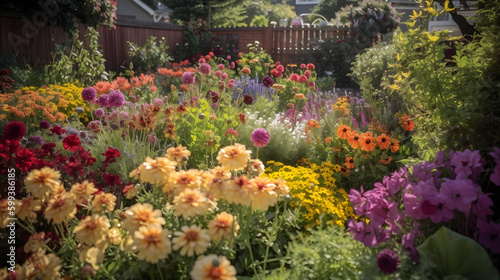 A vibrant flower garden with an array of colors, including purple, yellow, and red, in a sunny backyard.