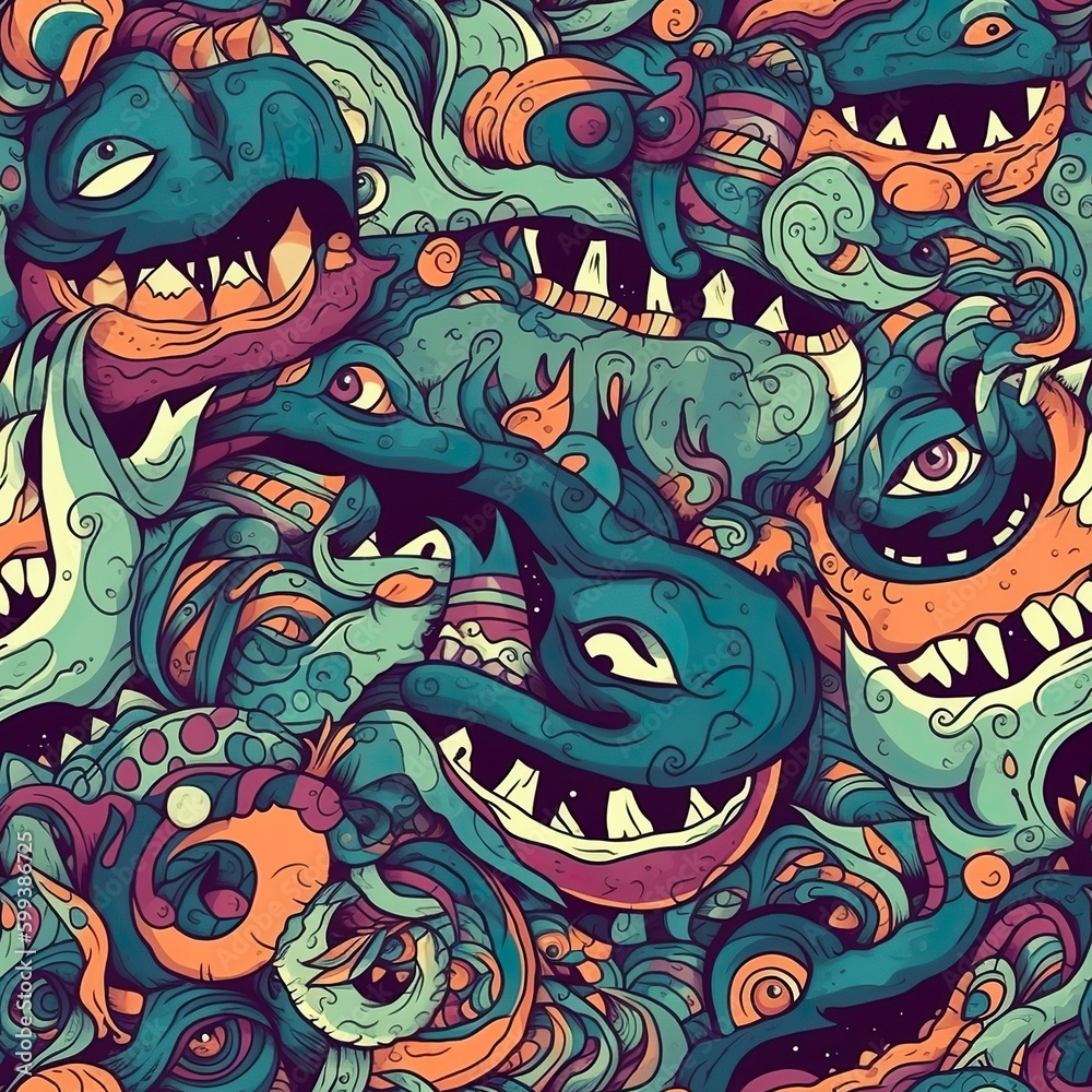 Abstract Comic Monster Seamless Pattern ,  Generative AI