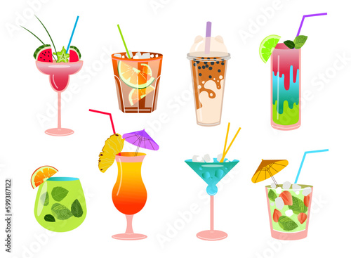 Set of summer tropical cocktails.Various isolated glasses for cocktails with drinks on a white background. Vector illustration.
