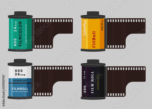 set of retro vector, film roll, set of vintage Camera photo film container, Camera vintage film roll cartridge icon isolated on color background. 35mm film canister. Filmstrip photographer equipment