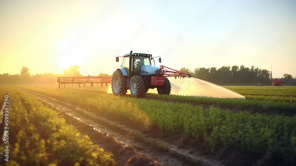 Fototapeta premium tractor plows a field at sunset. Generative Ai