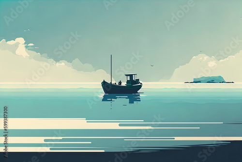 Seascape with fishing sailboat in calm waters, silhouette of fishing boat, boat sailing in the ocean, silhouette of the sea and ship, minimalistic marine landscape, flat illustration, generative ai