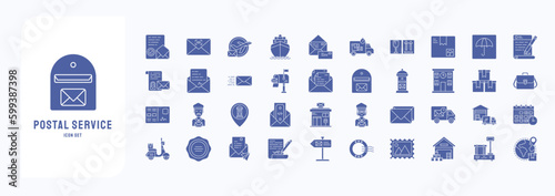 A collection sheet of solid icons for Postal Service, including icons like Assurance, Barcode, Cargo boat, Envelop and more