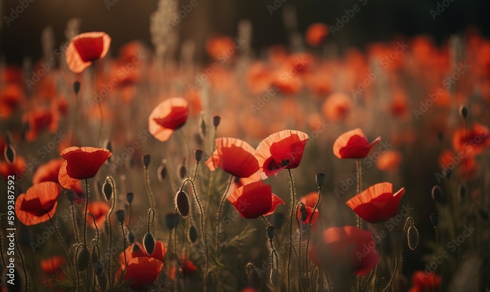 Obraz premium a field full of red flowers with a blurry background. generative ai